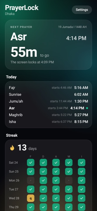 PrayerLock home screen on Android: next prayer, today's times and a streak grid
