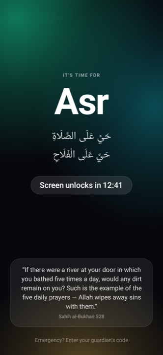 PrayerLock lock screen on Android with a countdown and a quote