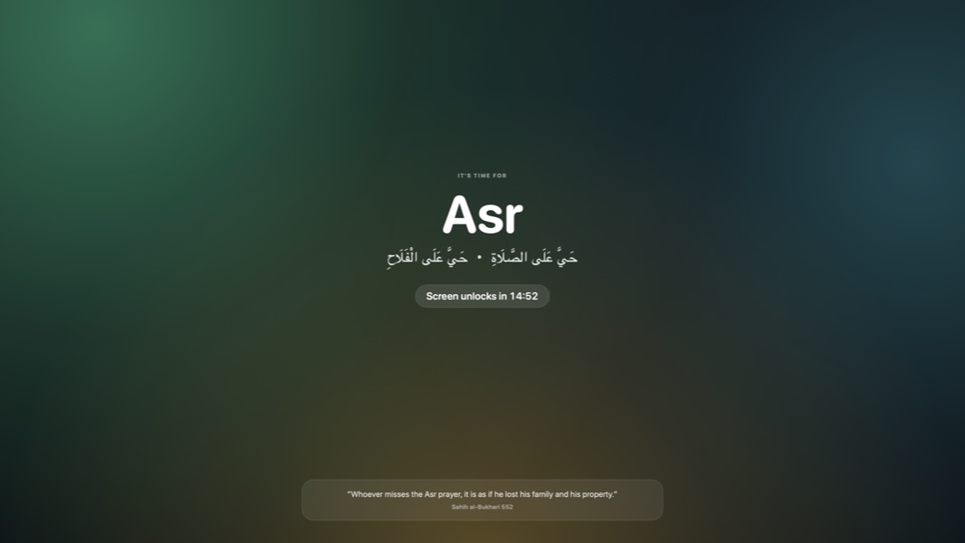 PrayerLock lock screen on a Mac: Asr, the call to prayer in Arabic, a countdown and a hadith