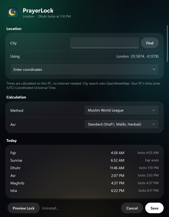 PrayerLock settings window on Windows with location, method and today's times