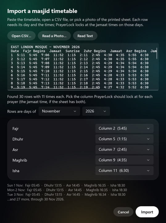 Importing a masjid timetable in PrayerLock on Windows