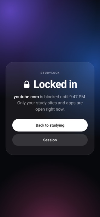 StudyLock Locked in screen on Android for a blocked site