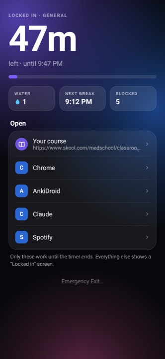 StudyLock session on Android: time left, water count and the apps that still work