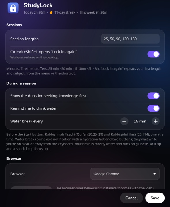 StudyLock settings window on Linux