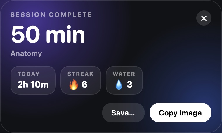 StudyLock session complete card: 50 minutes, today's total, streak and water