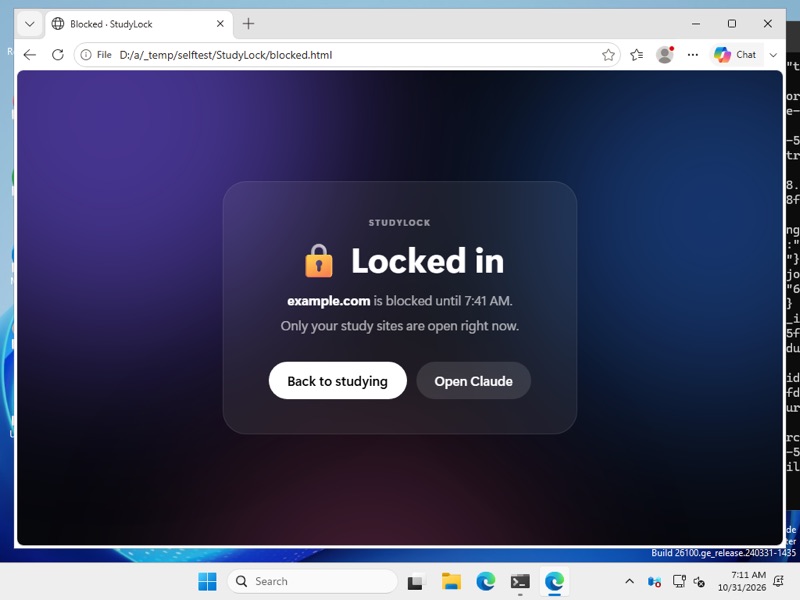 Microsoft Edge on Windows sent to StudyLock's Locked in page